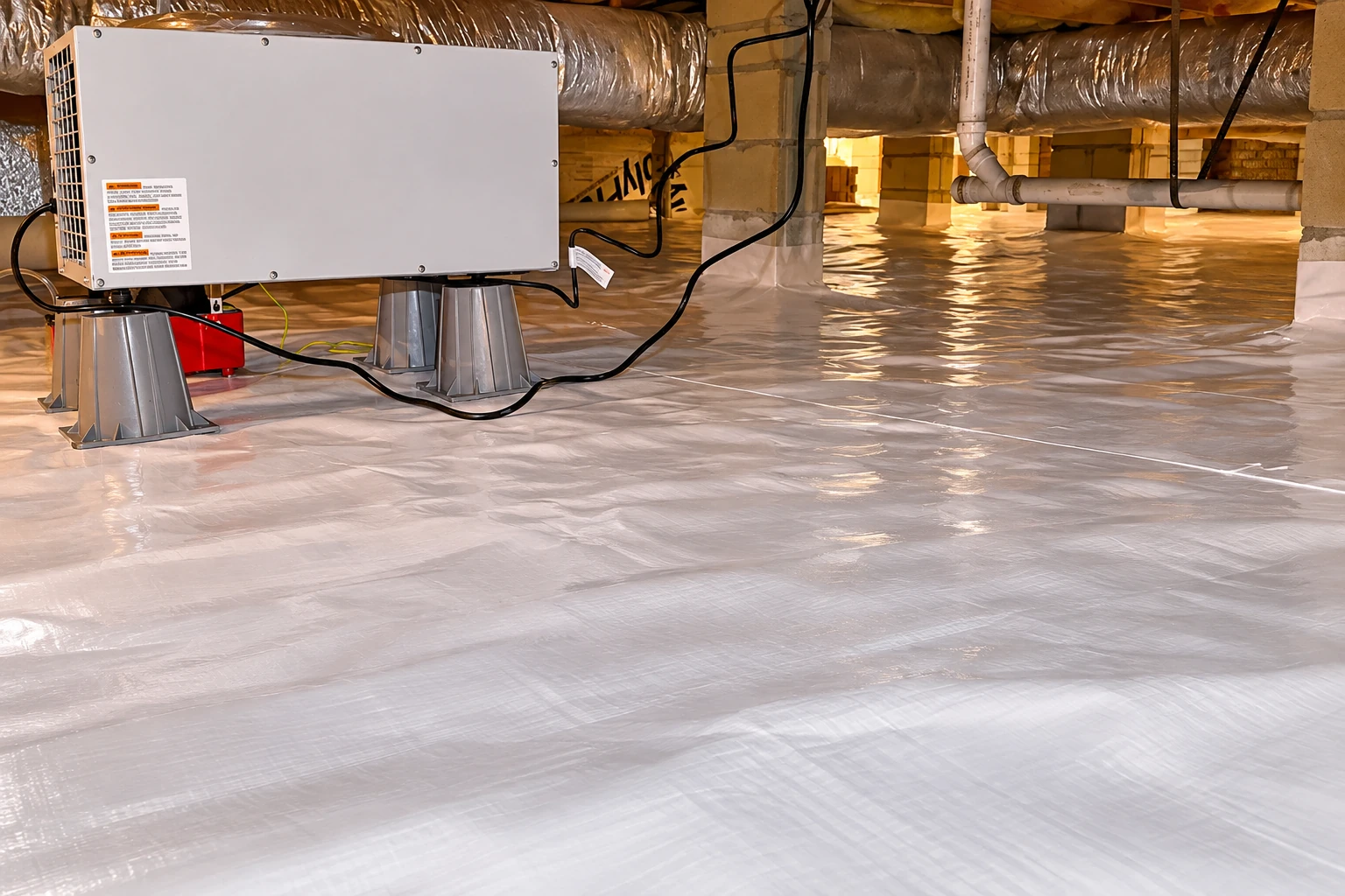 Crawl space with a white vapor barrier across the floor and a large ventilation unit connected to ducts.