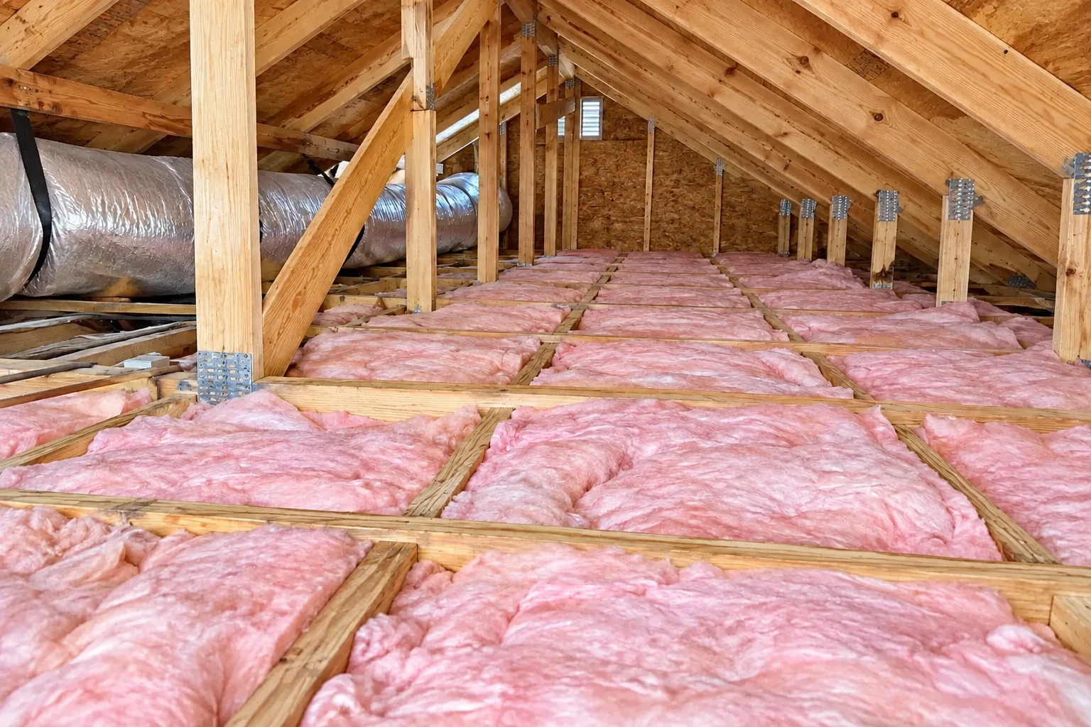 Pink fiberglass batts fill attic floor joists beneath exposed wooden rafters, with a duct running along the side.