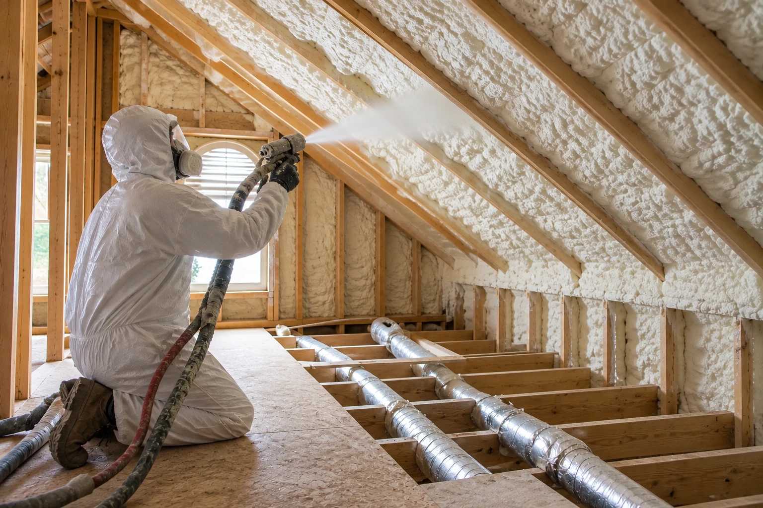 A worker in protective gear sprays foam insulation onto the sloped rafters of a framed attic.