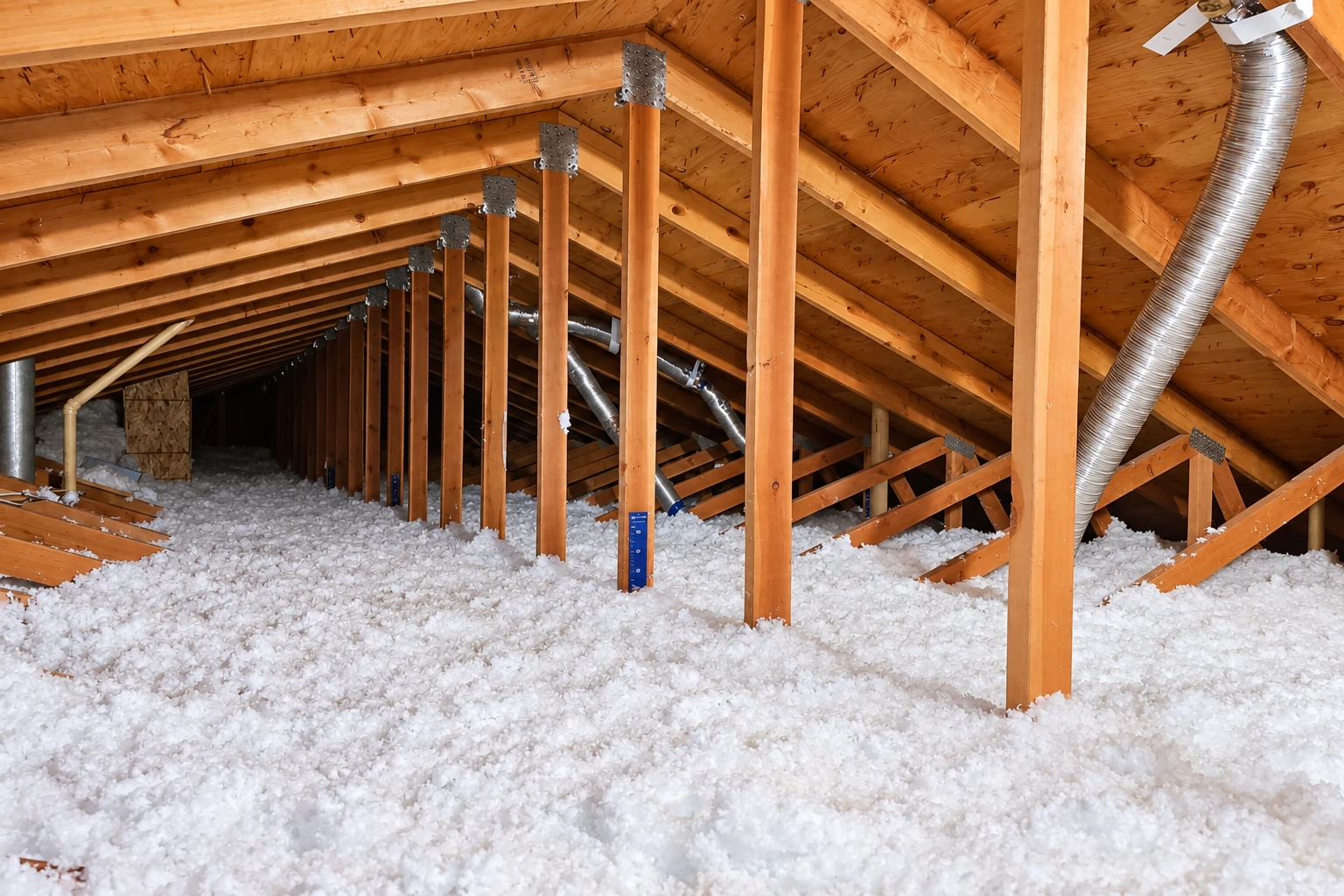 Loose-fill insulation covers an attic floor beneath exposed wooden rafters and ventilation ducts.