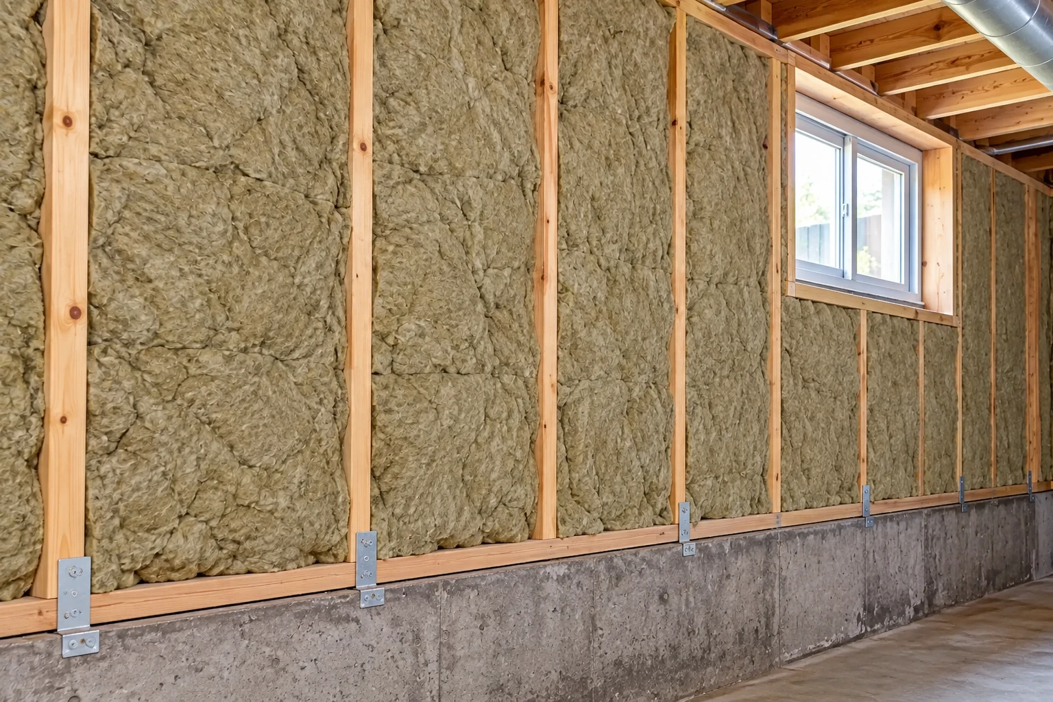 Mineral wool insulation fills basement wall cavities above a concrete foundation, with a small window between the studs.