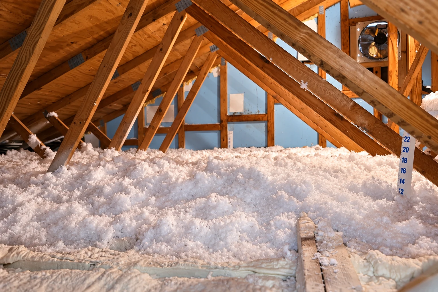 Loose white blown-in insulation blankets an attic floor beneath exposed wooden roof trusses.