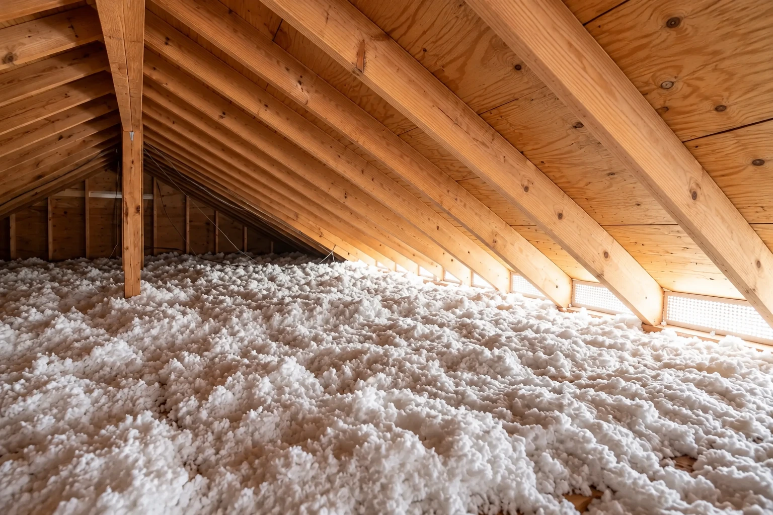 Loose-fill insulation blankets an attic floor beneath exposed wooden roof trusses.