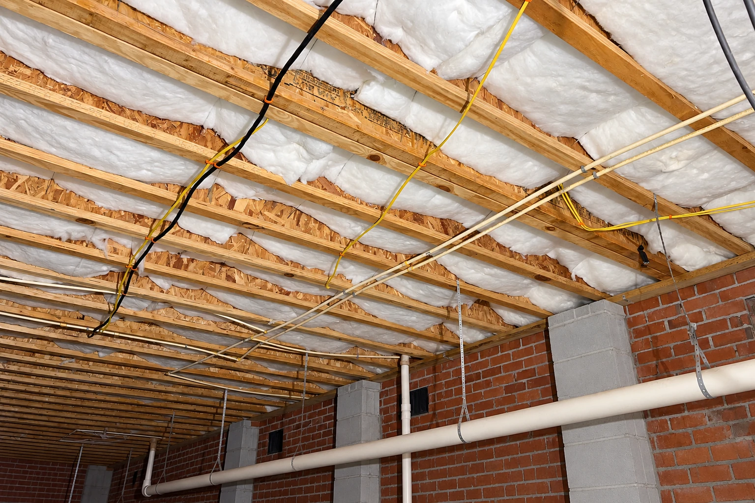 Crawl space ceiling with white insulation between wooden joists, above brick walls and exposed pipes.