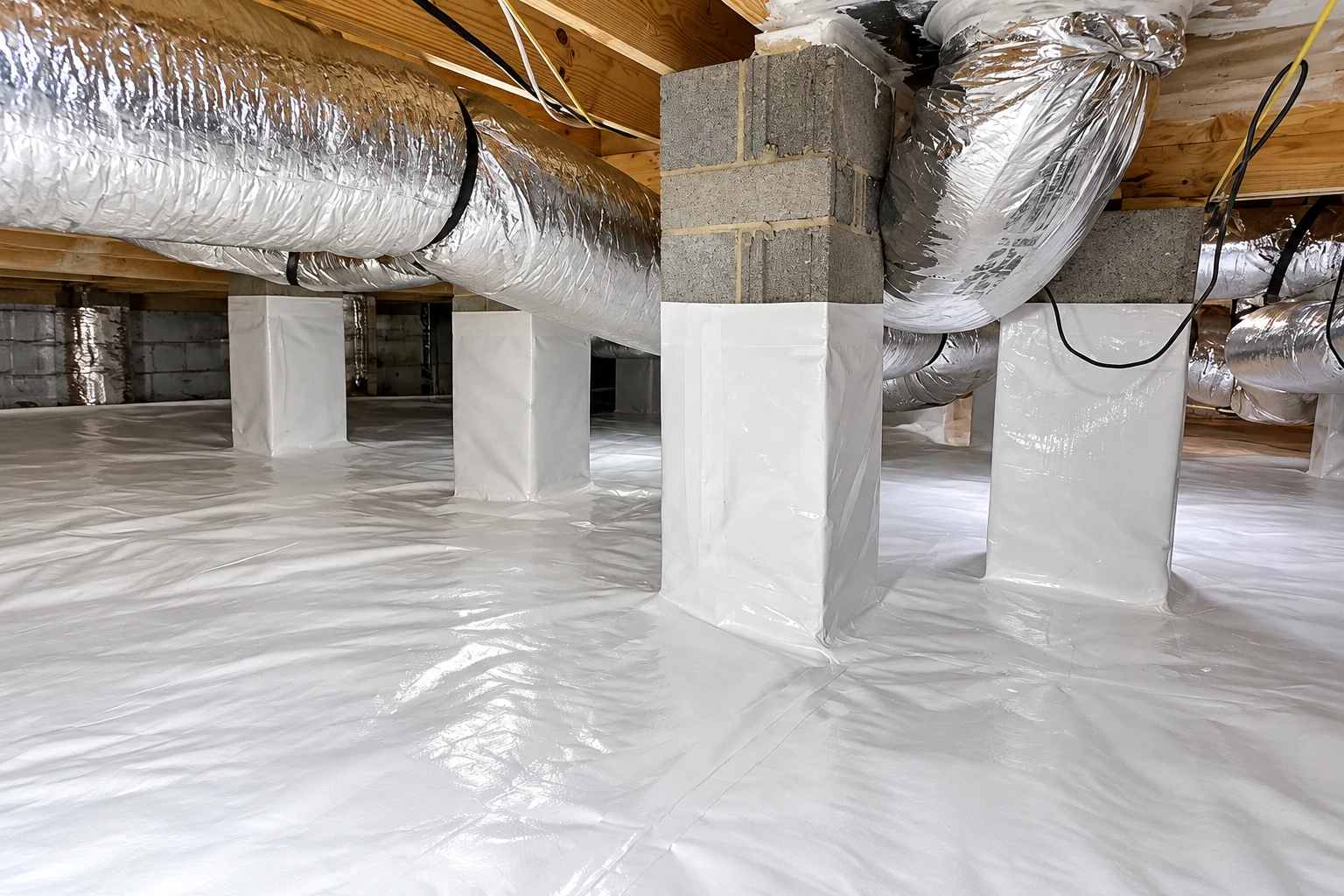 A crawl space has a white plastic vapor barrier covering the floor and wrapping support posts beneath exposed ductwork.