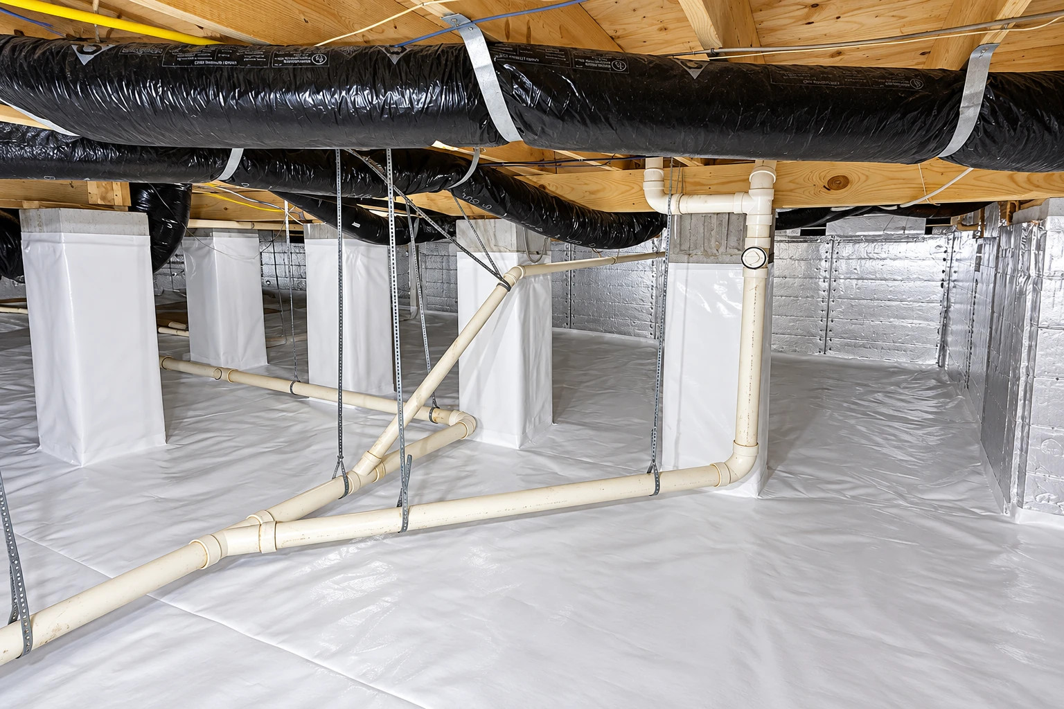 A crawl space vapor barrier covers the floor and foundation walls beneath black ducts and white plumbing pipes.