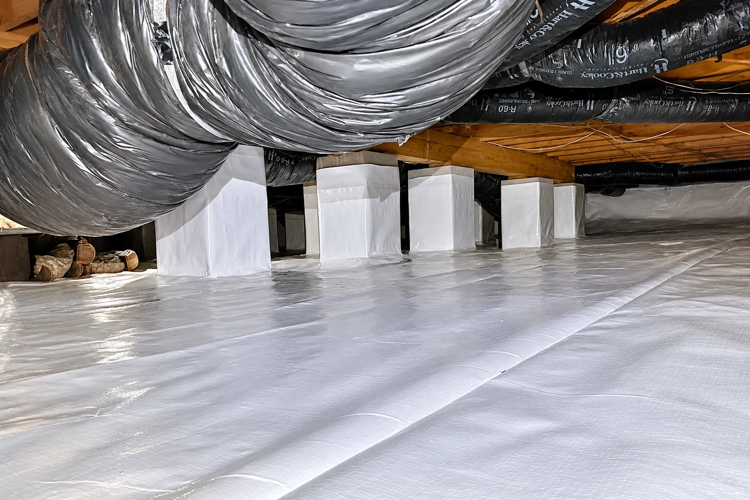 A crawl space has a white plastic vapor barrier across the floor, with wrapped supports and large ducts overhead.