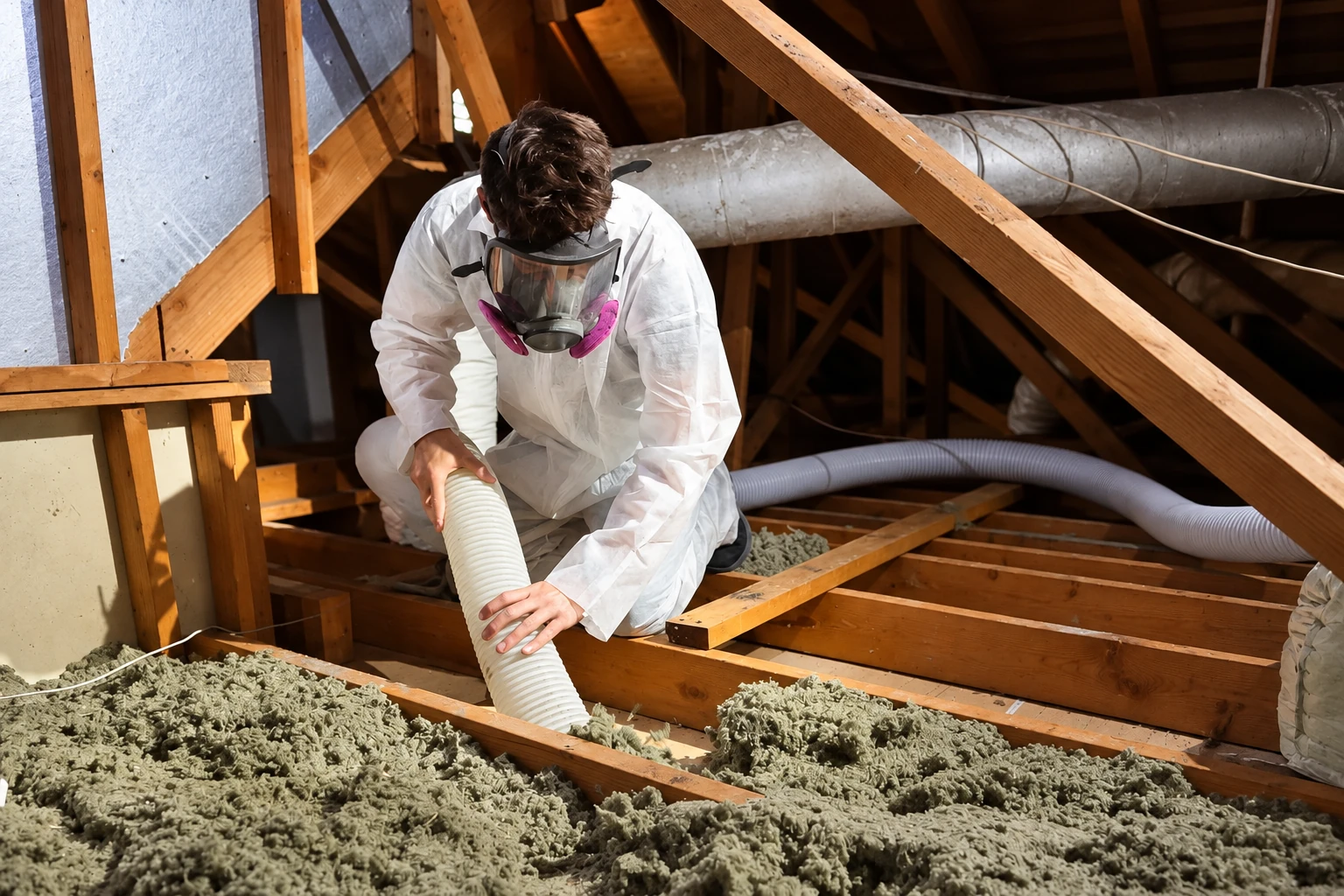 A worker in protective coveralls and a respirator vacuums loose attic insulation through a flexible hose.