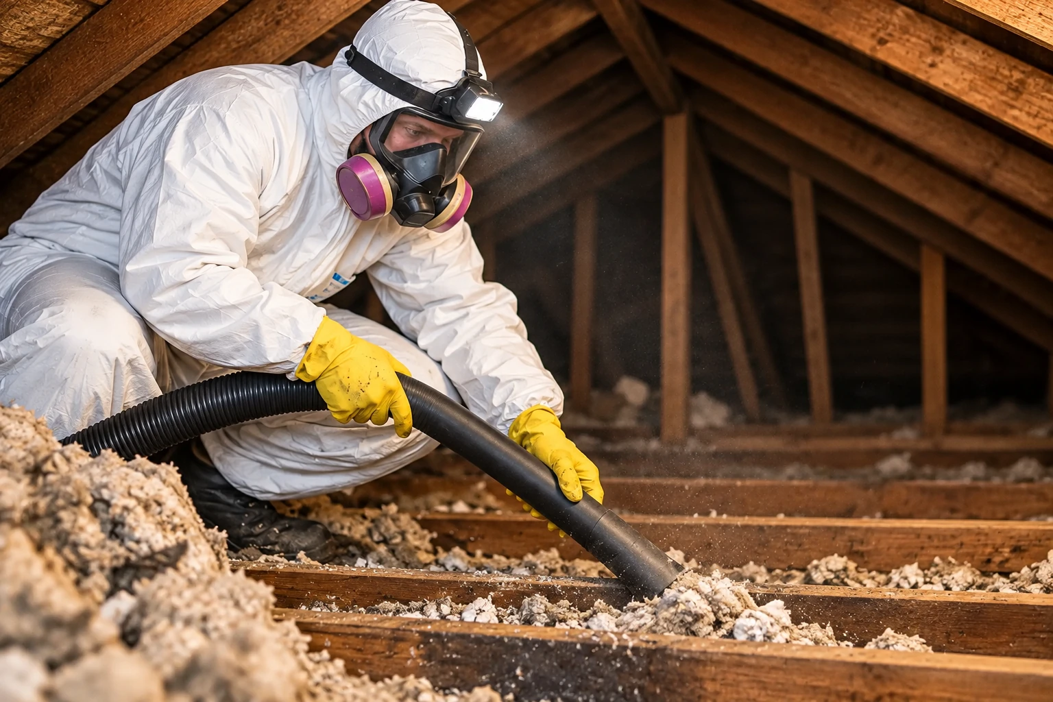 A worker in protective gear vacuums loose insulation from attic floor joists with a large hose.