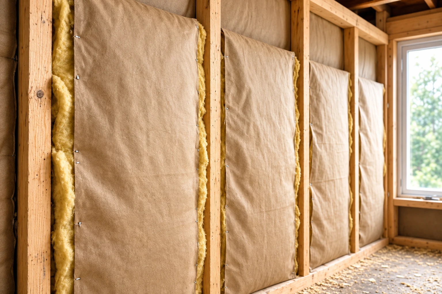 Paper-faced fiberglass batts are fitted between exposed wall studs in an unfinished room.