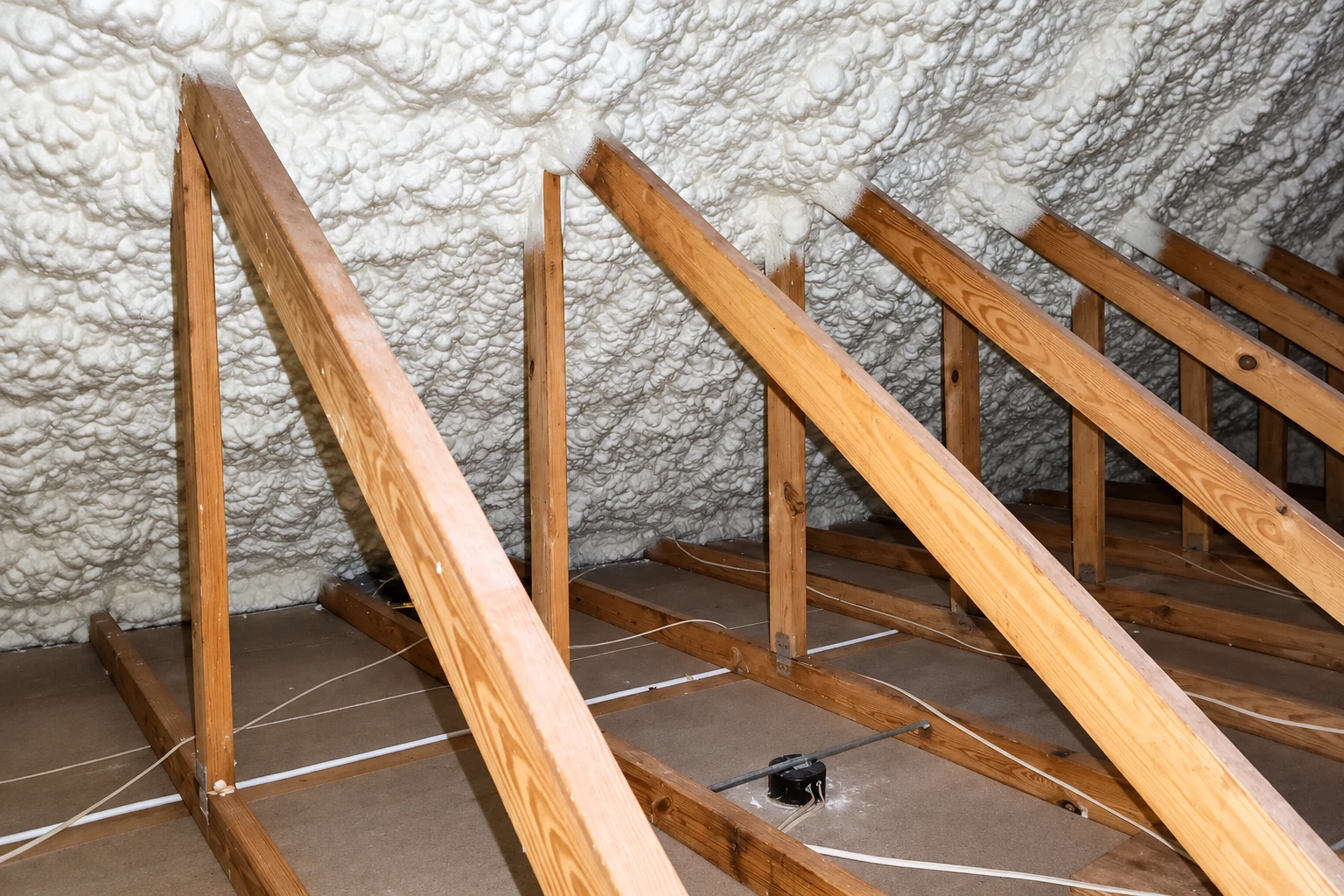 Exposed wooden roof framing is coated with thick white spray foam insulation.