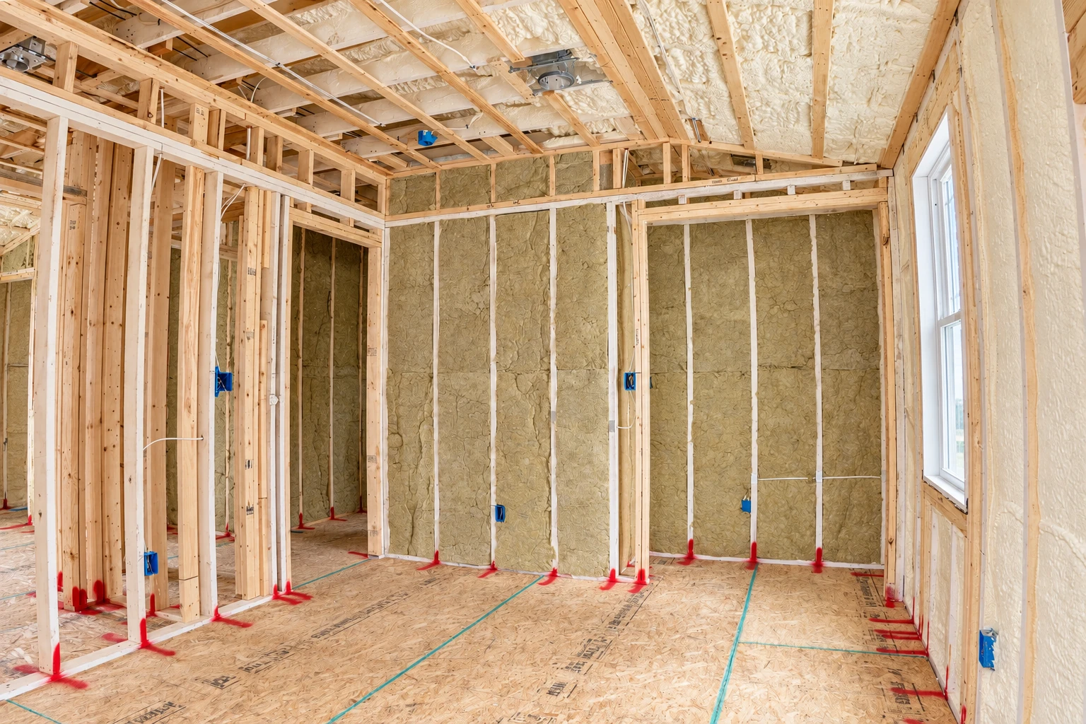 Unfinished room with tan insulation fitted between wall studs and white foam covering parts of the ceiling.